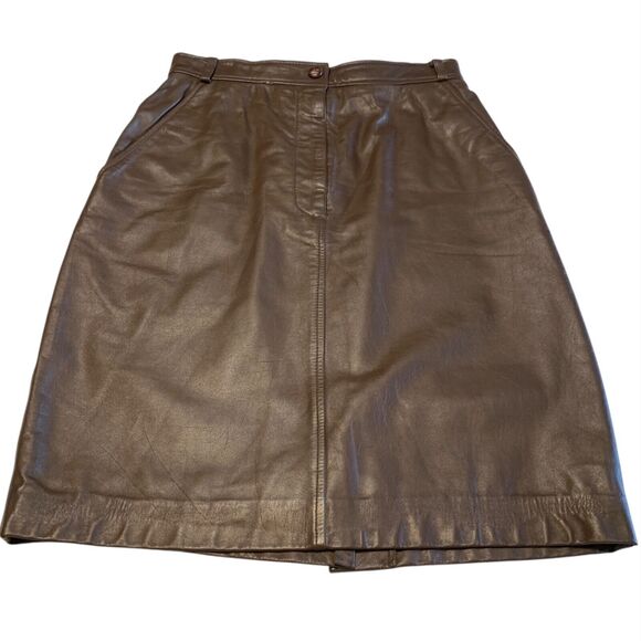 Vintage 80s Brown Leather Skirt Size 8 Zip Up Pockets Straight Lined Knee Length - Picture 2 of 9